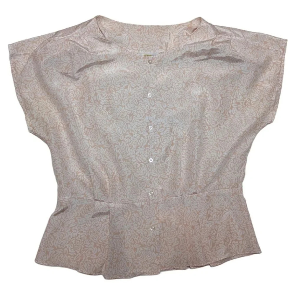 Vintage Elite Floral Peach Pink Peplum Pleated Button Down Top Woman 14  Barbie